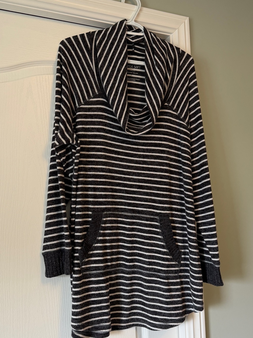 Cozy dark grey & White Striped Cowl Neck Sweater Tunic